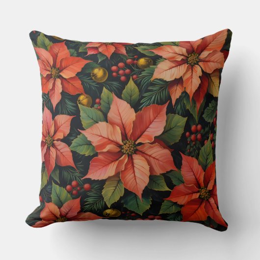 Christmas Pillow – Poinsettias & Holiday Decor クッション (正面)