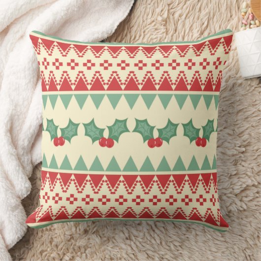 Christmas Pillow with Holly & Patterned Stripes クッション (ブランケット)