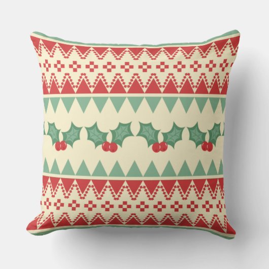 Christmas Pillow with Holly & Patterned Stripes クッション (正面)