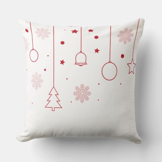 Christmas Pillow with Red Line Art & Snowflakes クッション (正面)