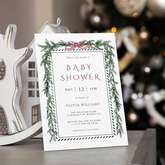 Christmas Pine Garland Girl Baby Shower 招待状
