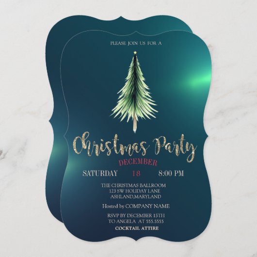 Christmas Pine Tree,Chic Green Christmas Company 招待状 (正面/裏面)