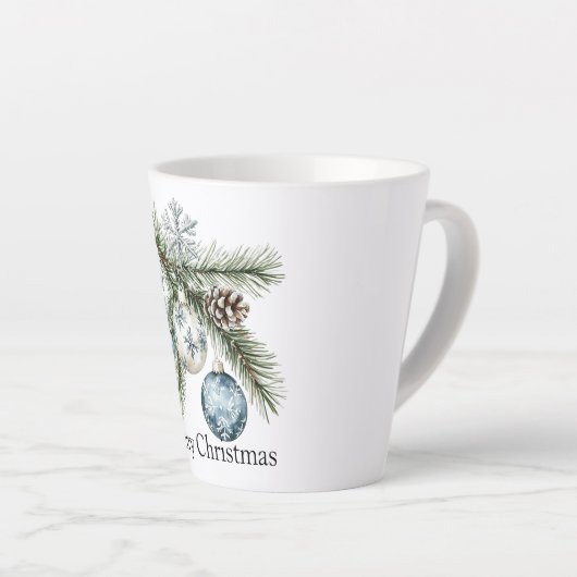 Christmas Pine Tree Snowflake Blue White Ornaments カフェラテマグ (右アングル)