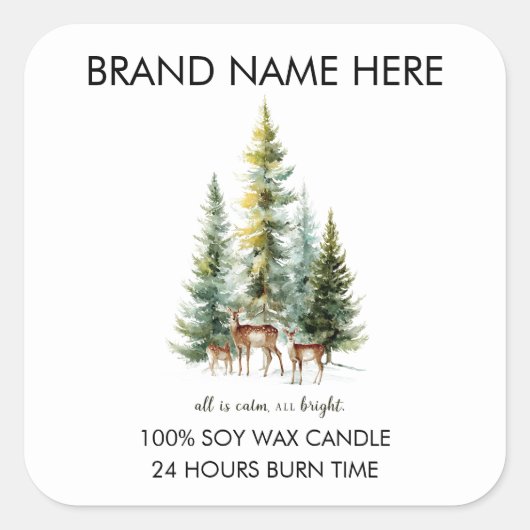 Christmas Pine Trees & Deers Candle Labels スクエアシール (正面)
