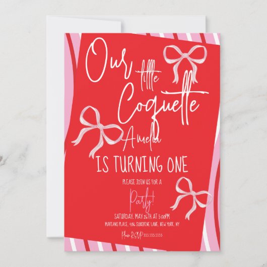 Christmas Pink Bows Birthday Stripes 招待状 (正面)