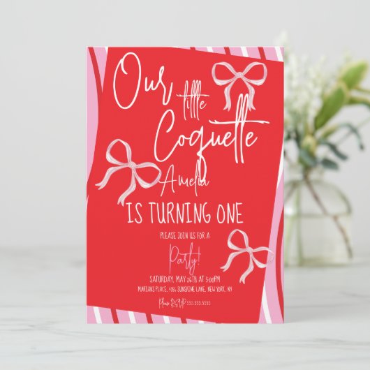 Christmas Pink Bows Birthday Stripes 招待状 (スタンド正面)