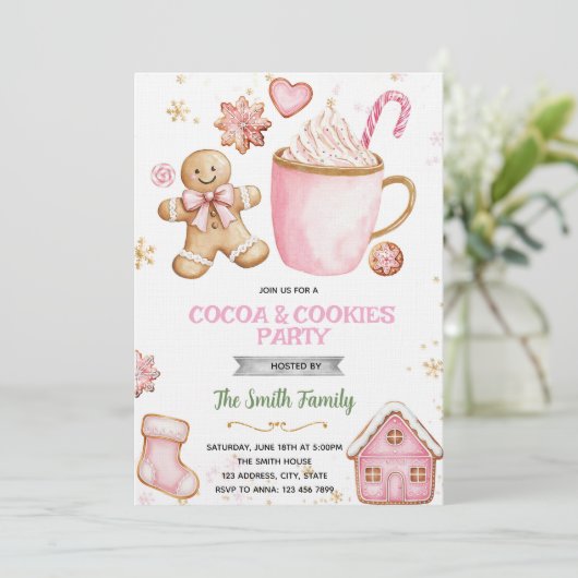 Christmas pink Cookies and Cocoa invitation 招待状 (スタンド正面)