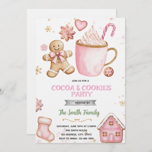 Christmas pink Cookies and Cocoa invitation 招待状 (正面/裏面)
