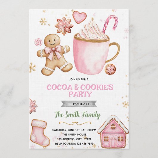 Christmas pink Cookies and Cocoa invitation 招待状 (正面)