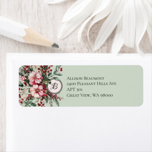 Christmas Pink Floral Spray Elegant Monogrammed ラベル (インサイチュ)