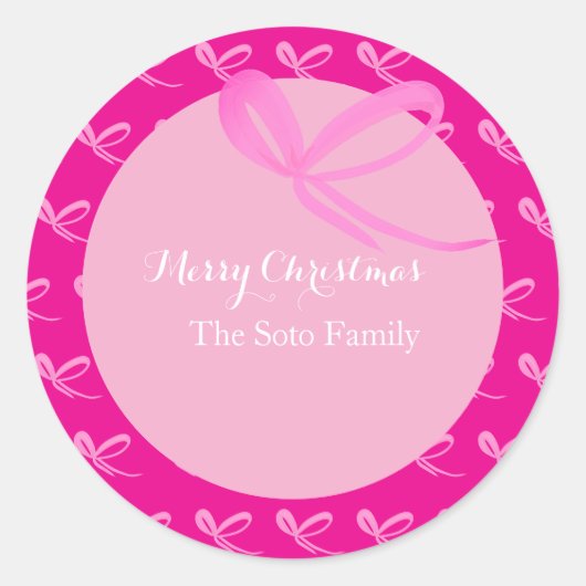 Christmas Pink Muted Bright Bows Hand Drawn ラウンドシール (正面)
