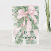 Christmas Pink Satin Ribbon Holly Greenery シーズンカード (正面)