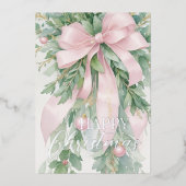Christmas Pink Satin Ribbon Holly Greenery 箔シーズンカード (正面)