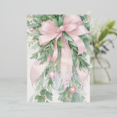 Christmas Pink Satin Ribbon Holly Greenery 箔シーズンカード (立ち正面)