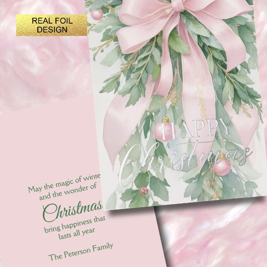 Christmas Pink Satin Ribbon Holly Greenery 箔シーズンカード