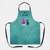 Christmas Pink Silver Tree Star Rug Black Cat Teal エプロン (正面)