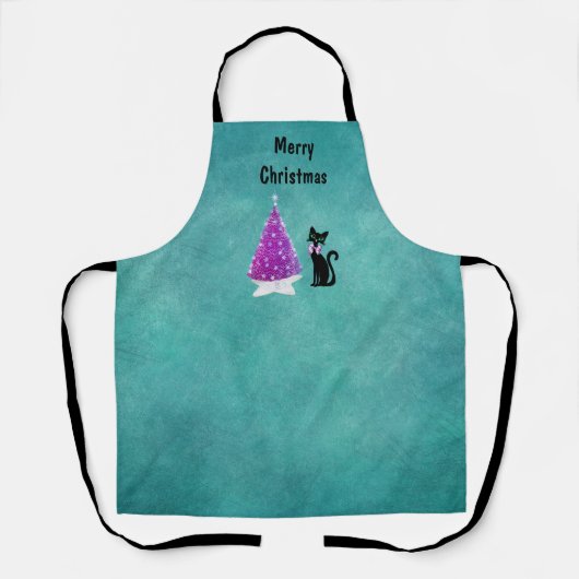 Christmas Pink Silver Tree Star Rug Black Cat Teal エプロン (正面)
