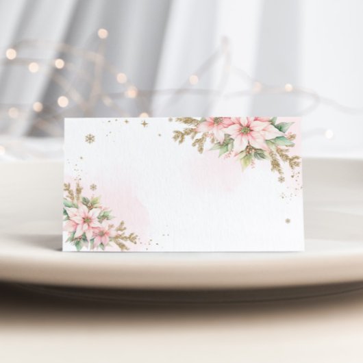 Christmas pink snowflakes poinsettia place card