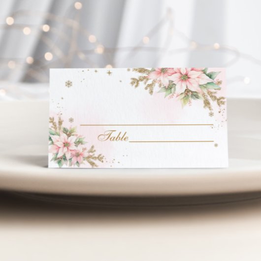 Christmas pink snowflakes poinsettia place card