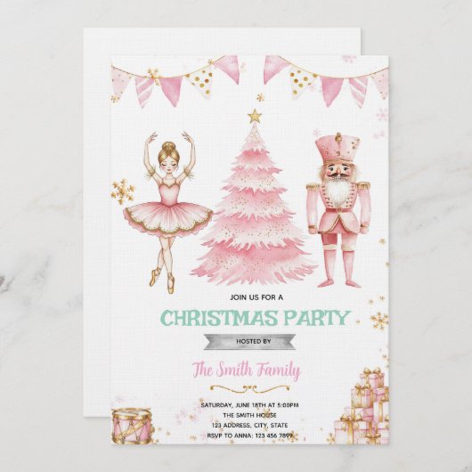 Christmas pink sugar plum nutcracker Invitation  招待状 (正面/裏面)
