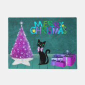Christmas Pink Tree Black Cat Wrapped Gifts Teal ドアマット (正面)