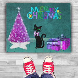 Christmas Pink Tree Black Cat Wrapped Gifts Teal ドアマット