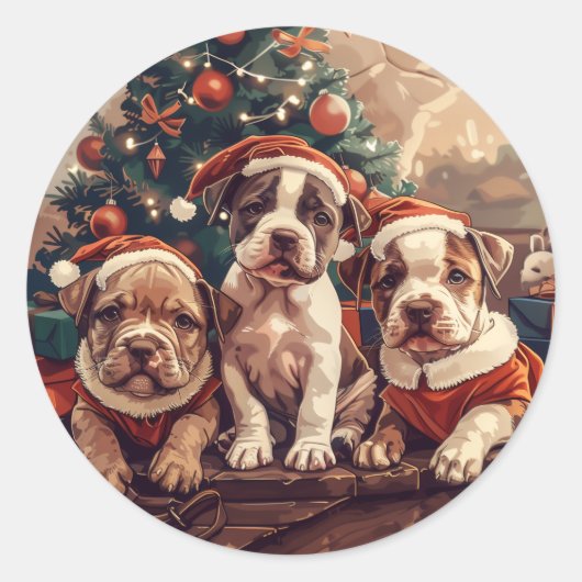 Christmas Pit Bull Puppy Dogs ラウンドシール (正面)