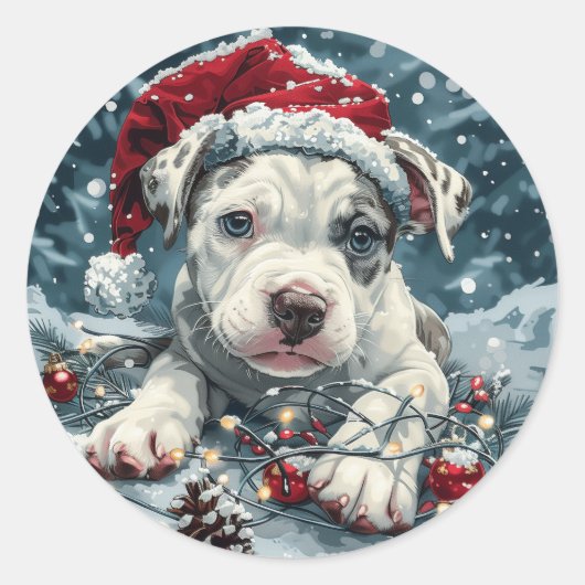 Christmas Pit Bull Santa Puppy ラウンドシール (正面)