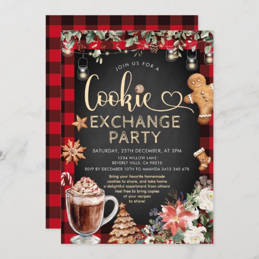 Christmas Plaid Cookie Cocoa Exchange Party 招待状 (正面/裏面)