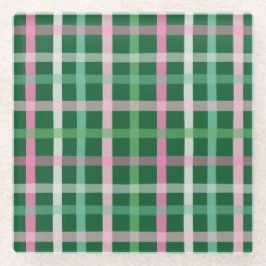 Christmas Plaid - Green & Pink ガラスコースター