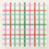 Christmas Plaid - Green & Pink White ガラスコースター (正面)