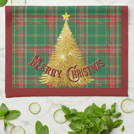 Christmas Plaid Green, Red with Gold Tree キッチンタオル (折り畳み)