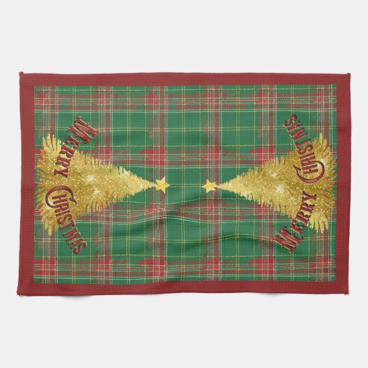 Christmas Plaid Green, Red with Gold Tree キッチンタオル (横)