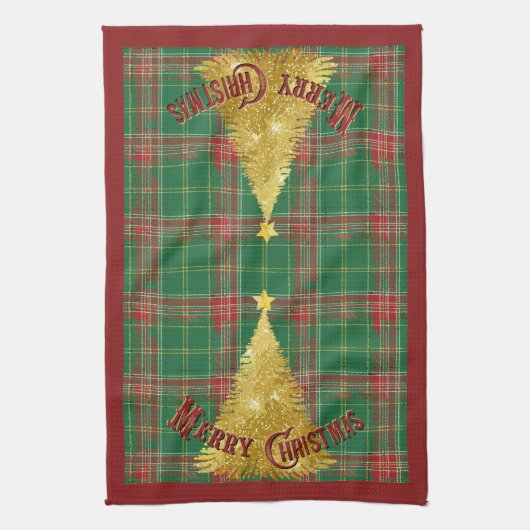Christmas Plaid Green, Red with Gold Tree キッチンタオル (縦)