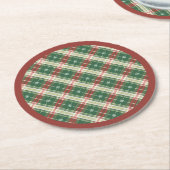 Christmas Plaid Green, White, with Red ラウンドペーパーコースター (アングル)