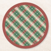 Christmas Plaid Green, White, with Red ラウンドペーパーコースター (正面)