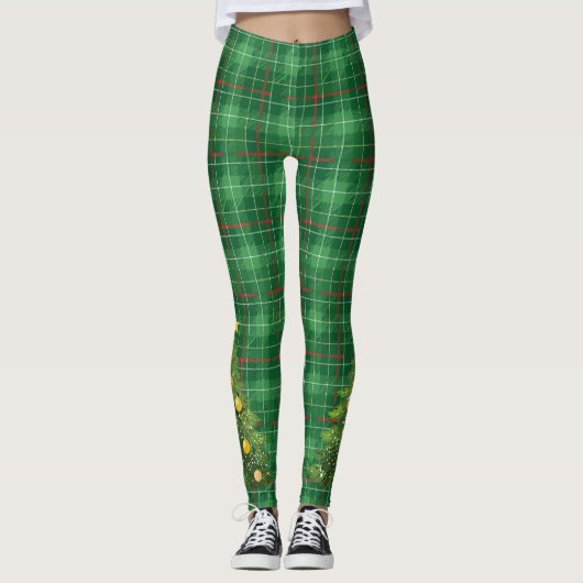 Christmas Plaid Green with Tree レギンス (正面)