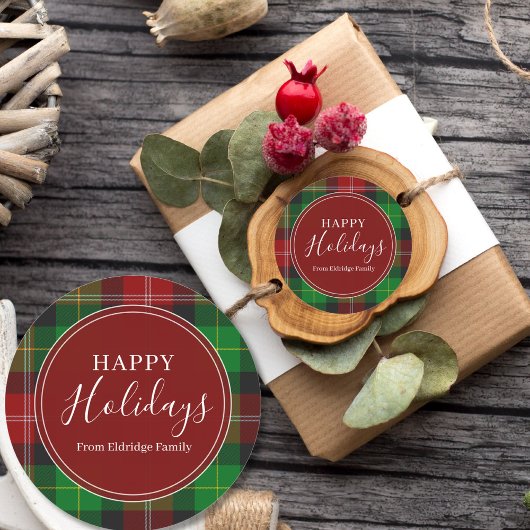 Christmas Plaid Happy Holidays Family Name ラウンドシール