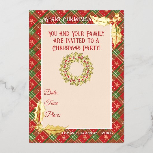 Christmas Plaid in Red, Green, and Gold Stars 箔招待状 (正面)