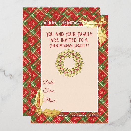 Christmas Plaid in Red, Green, and Gold Stars 箔招待状 (正面/裏面)