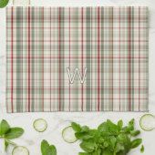 Christmas Plaid Monogram - rustic green red ivory キッチンタオル (折り畳み)