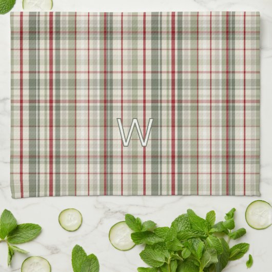 Christmas Plaid Monogram - rustic green red ivory キッチンタオル (折り畳み)