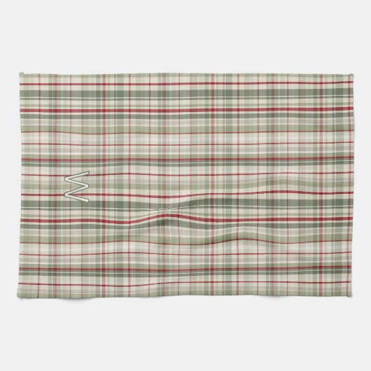 Christmas Plaid Monogram - rustic green red ivory キッチンタオル (横)