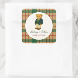 Christmas Plaid Preppy Bear Baby Shower  スクエアシール