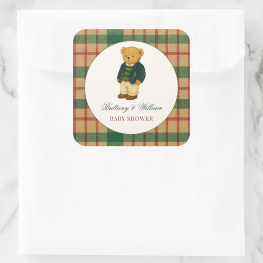 Christmas Plaid Preppy Bear Baby Shower  スクエアシール (バッグ)