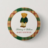 Christmas Plaid Preppy Bear Baby Shower  缶バッジ (正面)