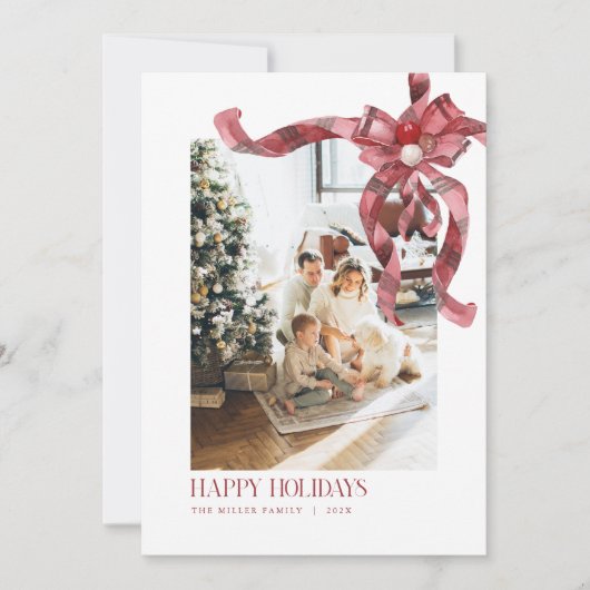 Christmas Plaid Red Bow Family Photo Holiday Card シーズンカード (正面)