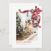 Christmas Plaid Red Bow Family Photo Holiday Card シーズンカード (正面/裏面)