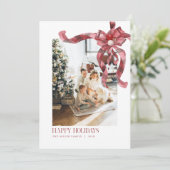 Christmas Plaid Red Bow Family Photo Holiday Card シーズンカード (スタンド正面)