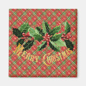 Christmas Plaid Red Gold Stars with Wreath マグネット (正面)